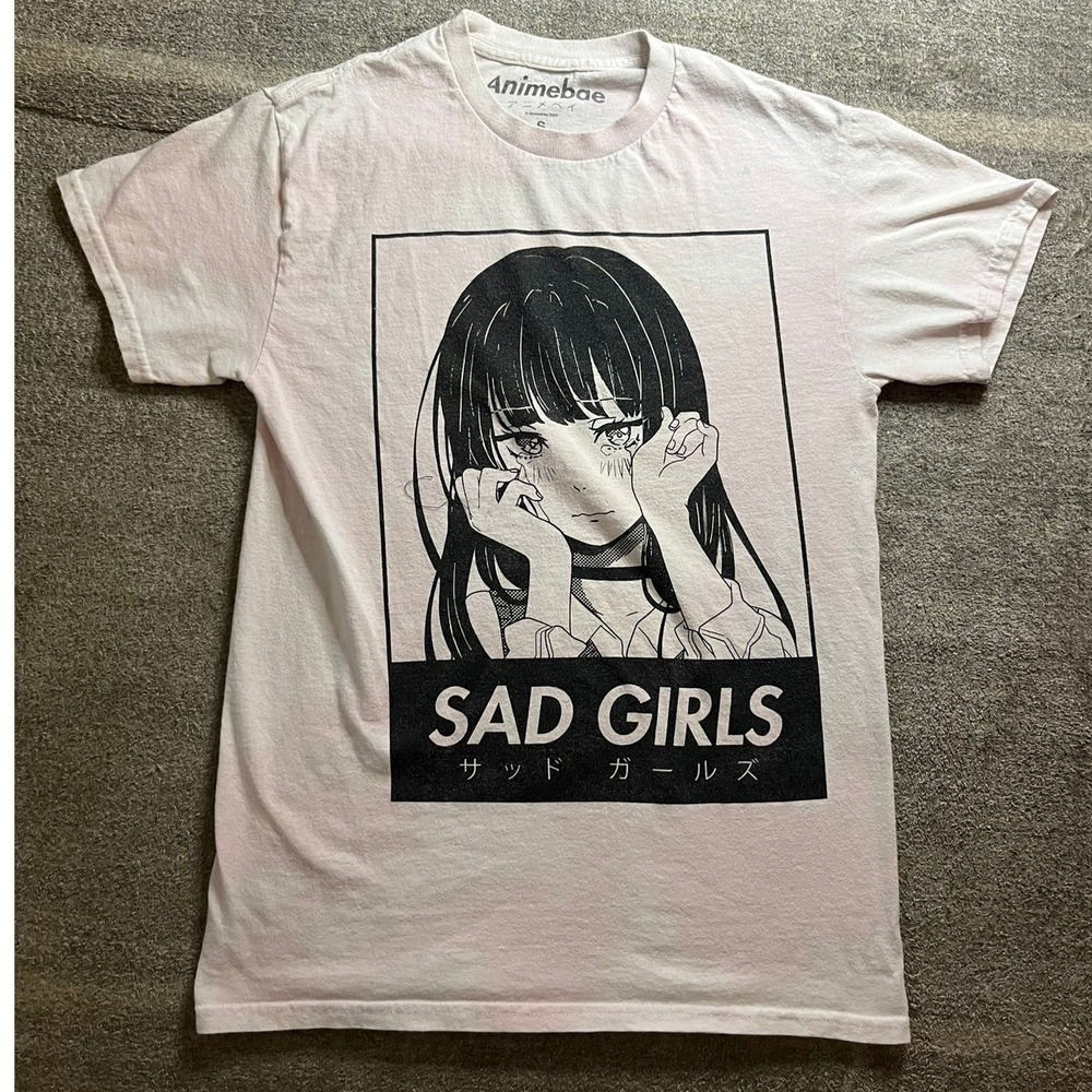 Animebae Sad Girls Graphic T-Shirt Pink Manga Crying Girl Tee Small Anime